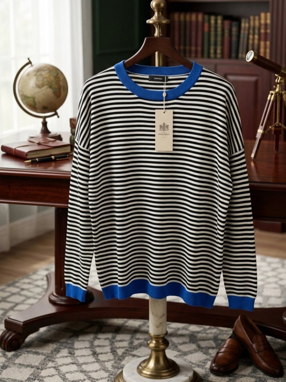 Dokotoo Striped Oversized Crewneck Black Blue Trim NWOT